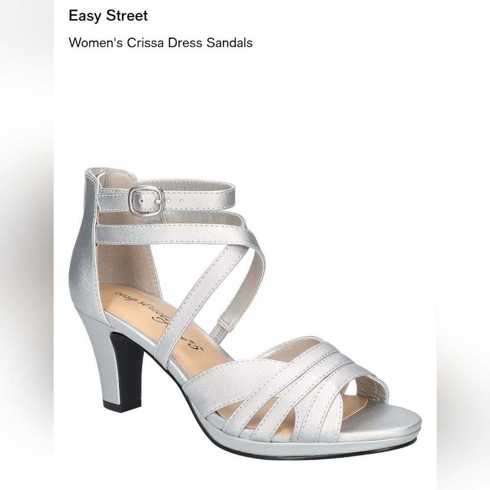 Easy Street Crissa heeled sandal in silver satin Size 9.5M NWOB